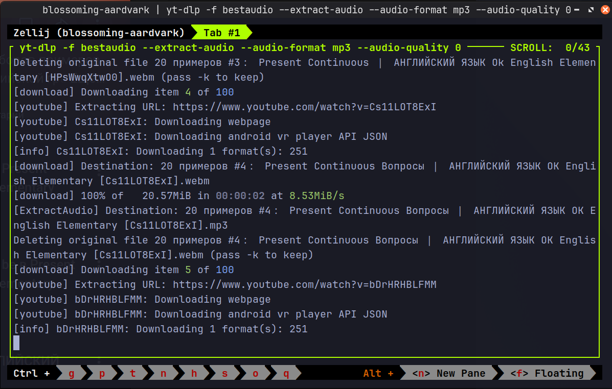 yt-dlp processing a 100-video playlist